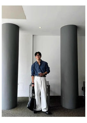 Camisa Masculina Coreana de Manga Longa com Pregas - Look Seoul Chic