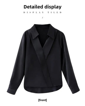 Camisa feminina versátil de cetim de seda, cor pura, top de chiffon aberto
