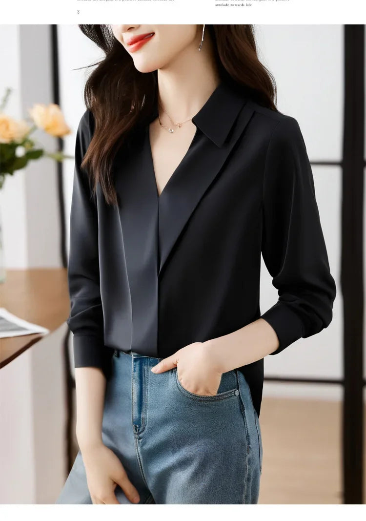 Camisa feminina versátil de cetim de seda, cor pura, top de chiffon aberto