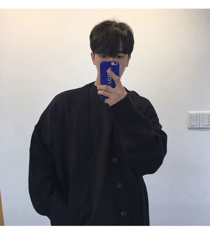 Suéter de Malha Solto com Abotoamento Simples - Estilo Coreano