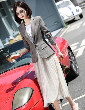 Blazer feminino cinza listrado xadrez slim fashion
