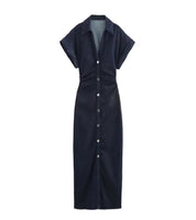 Vestido Jeans Midi Slim com Lapela - Look Seoul Denim Chic