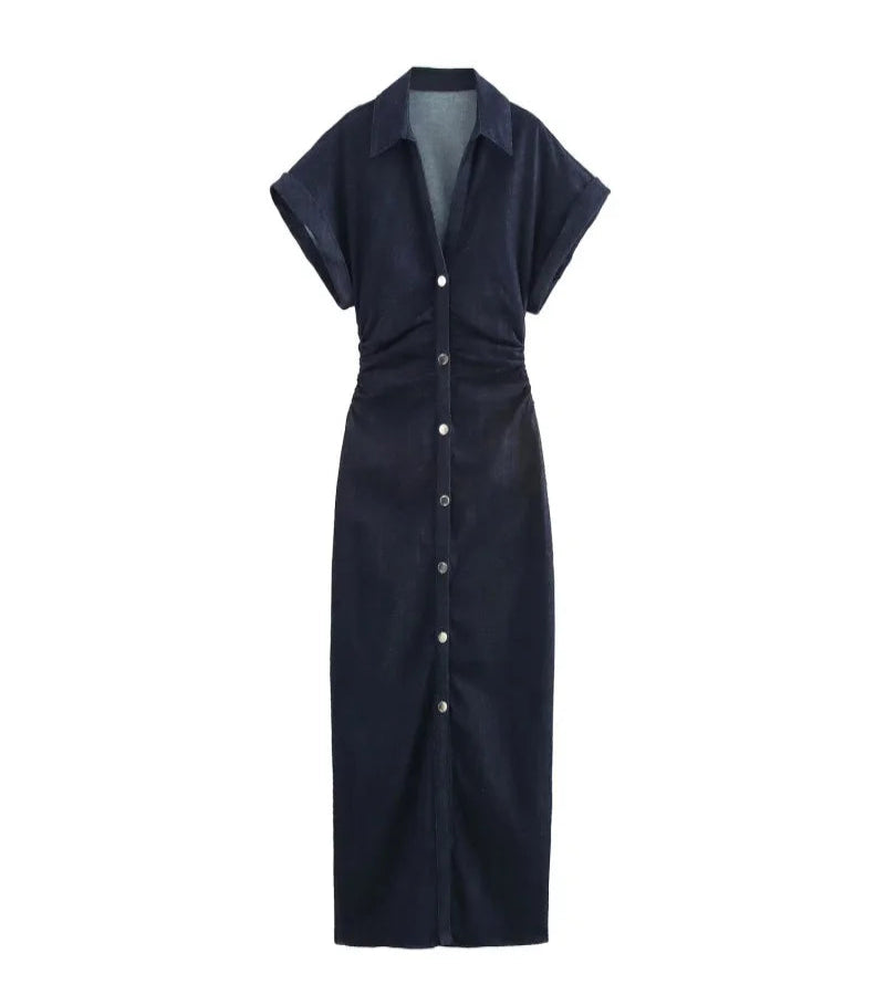 Vestido Jeans Midi Slim com Lapela - Look Seoul Denim Chic