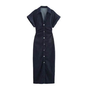 Vestido Jeans Midi Slim com Lapela - Look Seoul Denim Chic