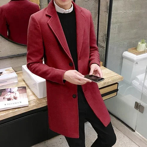 Casaco longo de algodão masculino 2024 outono inverno nova mistura de lã cor pura casual negócios moda fino blusão jaqueta roupas masculinas