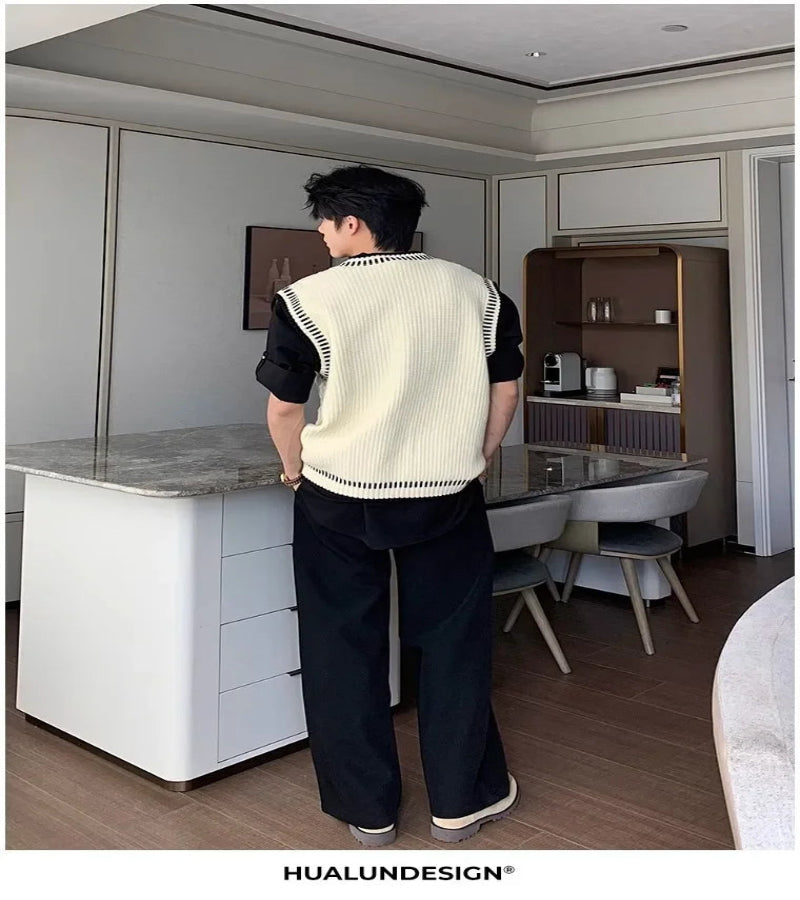 Colete Suéter Masculino Casual Decote em V – Estilo Coreano Clássico