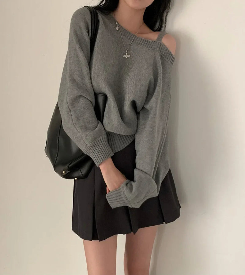 Blusa Suéter Estilo Coreano Chique com Ombros de Fora