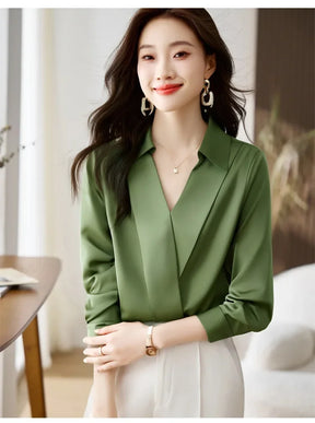 Camisa feminina versátil de cetim de seda, cor pura, top de chiffon aberto