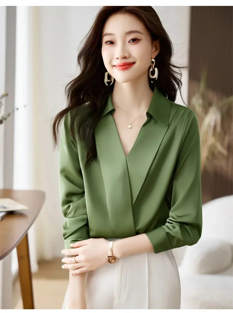 Camisa feminina versátil de cetim de seda, cor pura, top de chiffon aberto