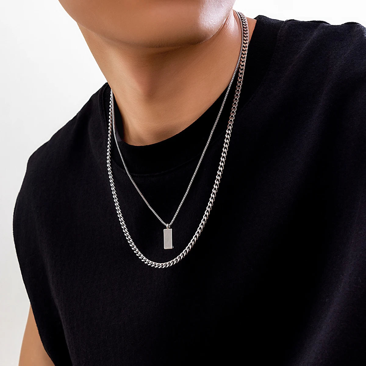 Conjunto de pingente retangular caixa corrente colar para homens