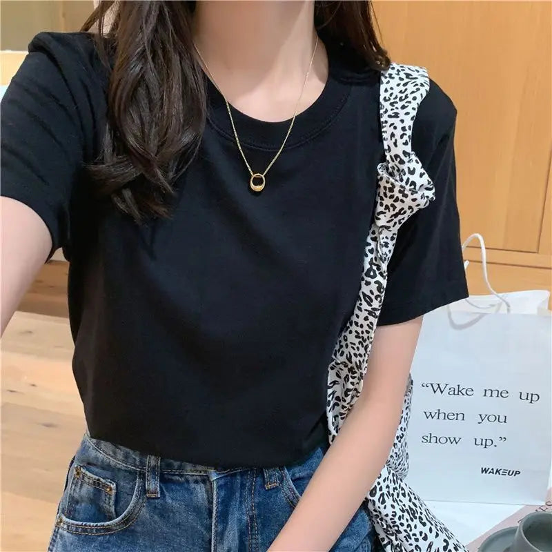 Camiseta feminina de manga curta de algodão, gola redonda