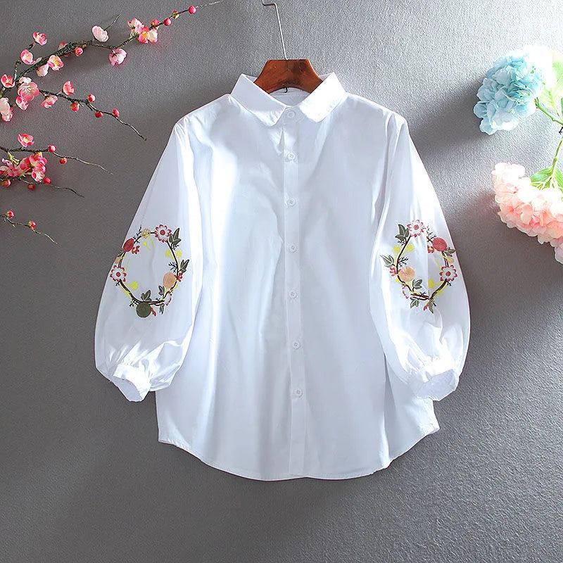 Camisa Bordada com Gola Polo e Manga 3/4