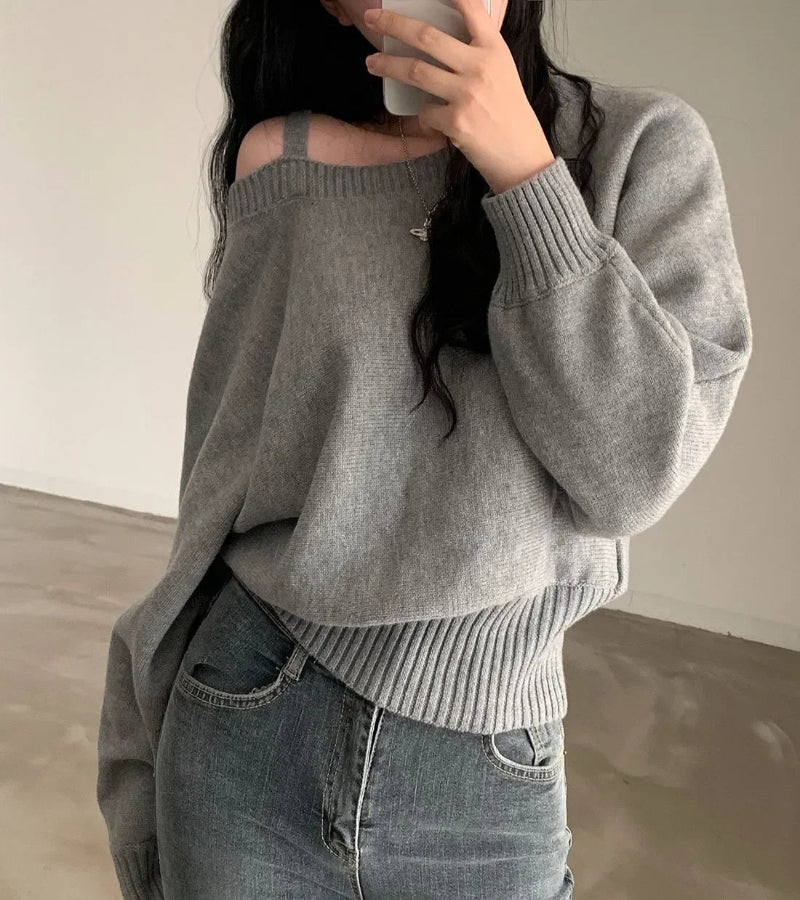 Blusa Suéter Estilo Coreano Chique com Ombros de Fora