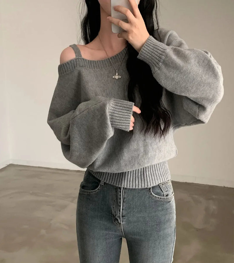 Blusa Suéter Estilo Coreano Chique com Ombros de Fora