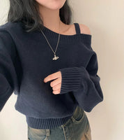 Blusa Suéter Estilo Coreano Chique com Ombros de Fora