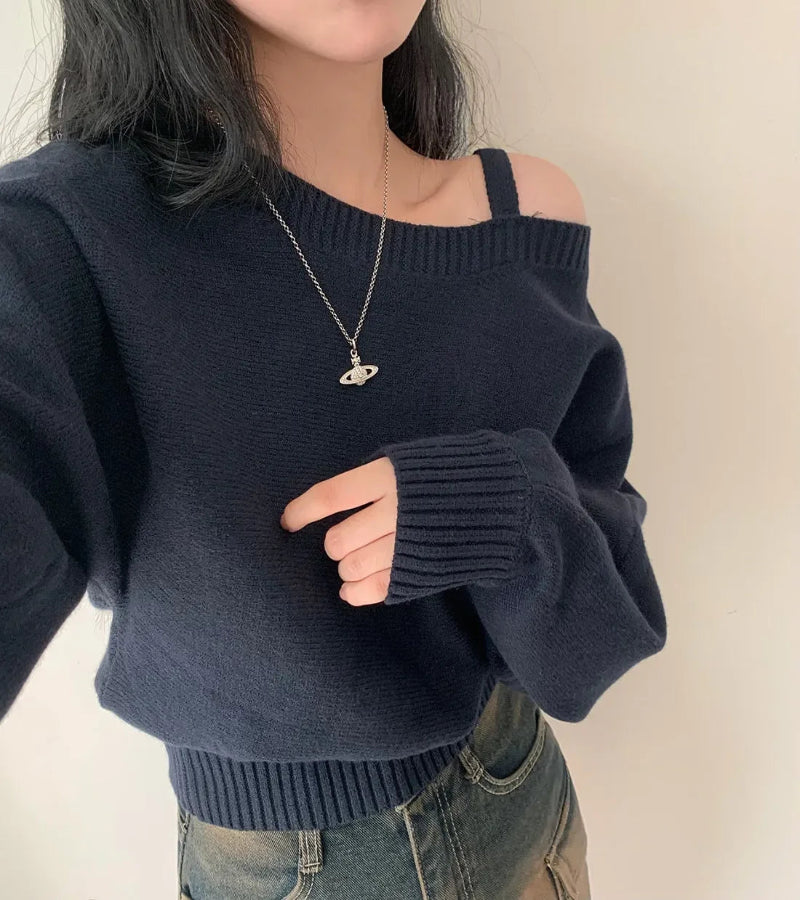 Blusa Suéter Estilo Coreano Chique com Ombros de Fora