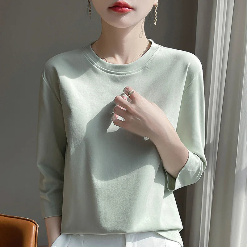 Blusa Básica em Algodão Mercerizado com Manga Cropped  "Primavera de Seul"