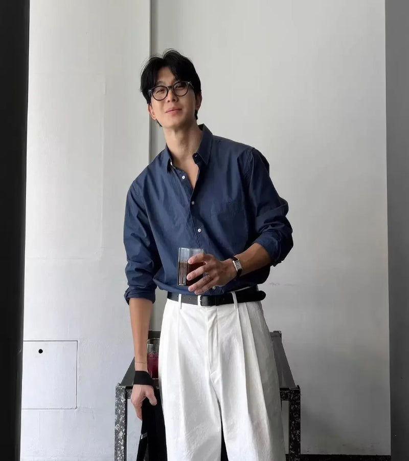 Camisa Masculina Coreana de Manga Longa com Pregas - Look Seoul Chic