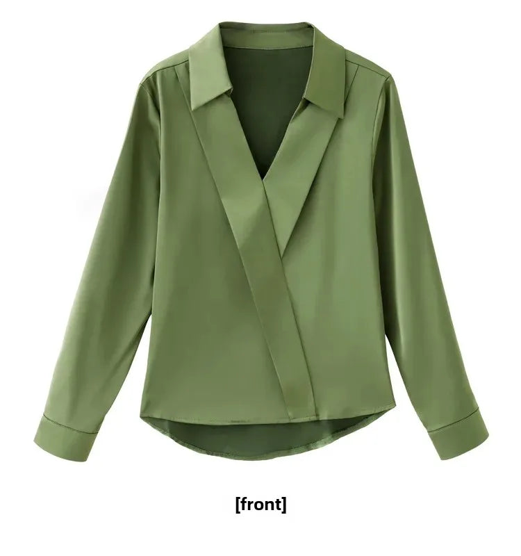Camisa feminina versátil de cetim de seda, cor pura, top de chiffon aberto