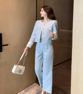 Look Elegância Tweed – Conjunto de Duas Peças com Casaco e Calça de Alfaiataria