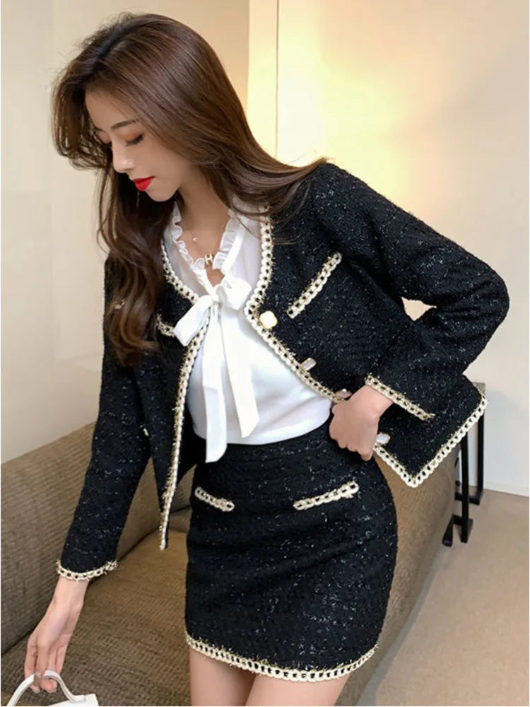 Terno feminino de tweed, conjuntos de 2 peças, casaco preto de abotoamento único + saia curta em linha