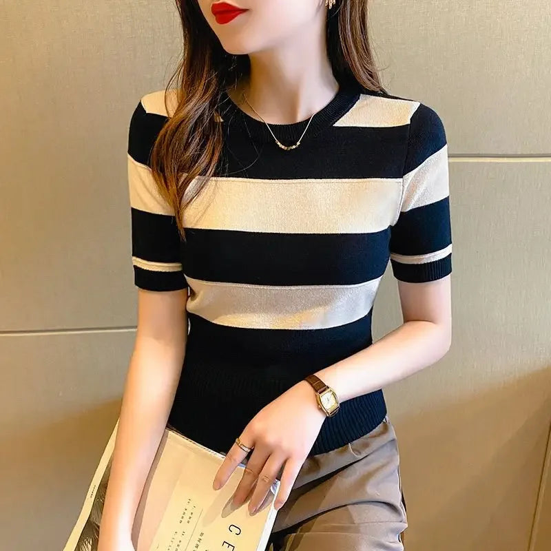 Cropped Versão Coreana Slimming Suave Listrado