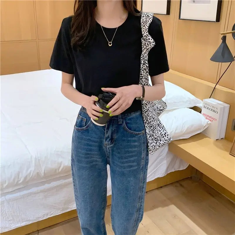 Camiseta feminina de manga curta de algodão, gola redonda