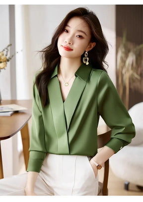 Camisa feminina versátil de cetim de seda, cor pura, top de chiffon aberto