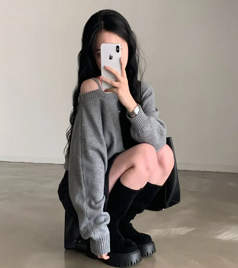 Blusa Suéter Estilo Coreano Chique com Ombros de Fora
