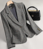 Terno de Lã Feminino Xadrez Tweed – Estilo Casual Coreano