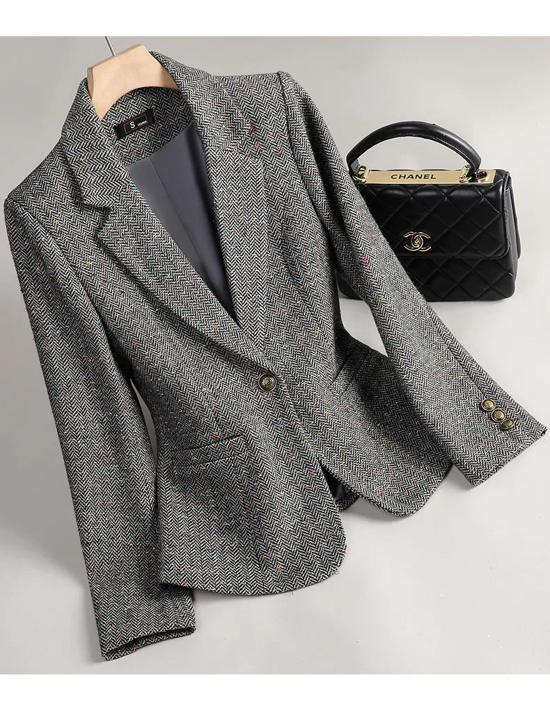 Terno de lã para mulheres, xadrez, tweed, estilo casual