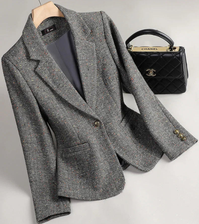 Terno de Lã Feminino Xadrez Tweed – Estilo Casual Coreano