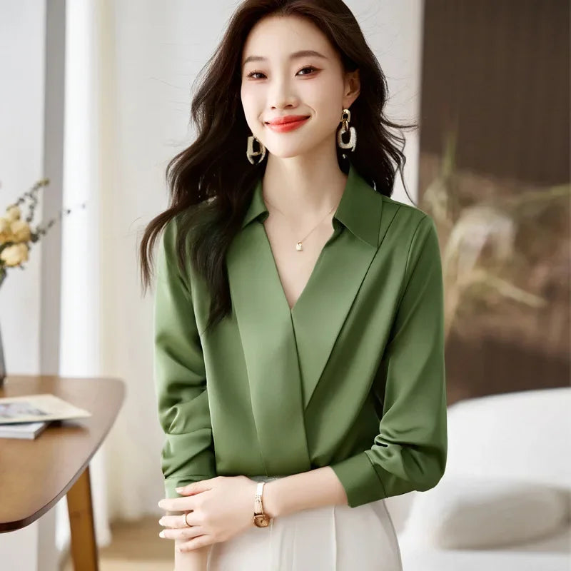 Camisa feminina versátil de cetim de seda, cor pura, top de chiffon aberto