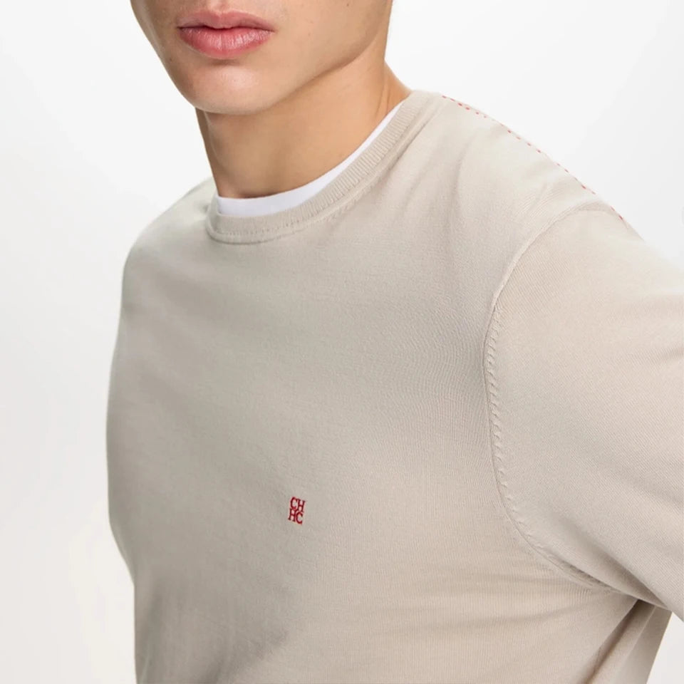 Suéter Masculino CH com Gola Redonda, Ajuste Slim, Manga Longa, Pullover de Tricô com Bordado Vermelho, Top Casual para Negócios