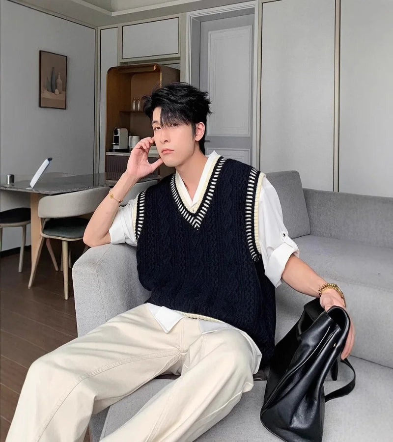 Colete Suéter Masculino Casual Decote em V – Estilo Coreano Clássico