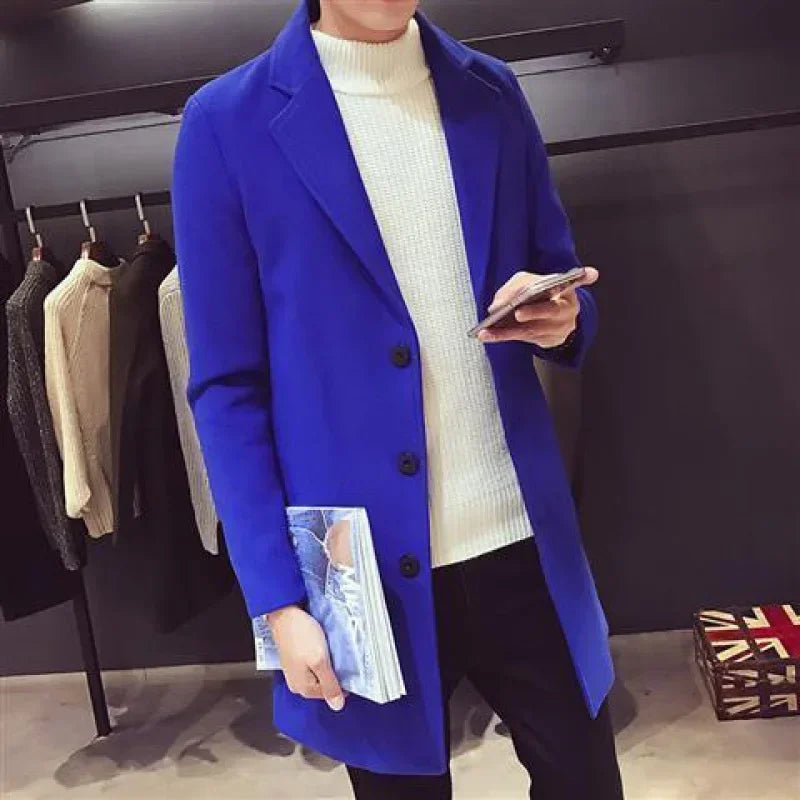 Casaco longo de algodão masculino 2024 outono inverno nova mistura de lã cor pura casual negócios moda fino blusão jaqueta roupas masculinas