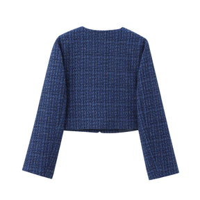 TRAF Women Fashion Autumn New Casual Jacket Round Neck Long Sleeved Single-breasted Pocket Short Coats Chic Ladies Tops Mujer