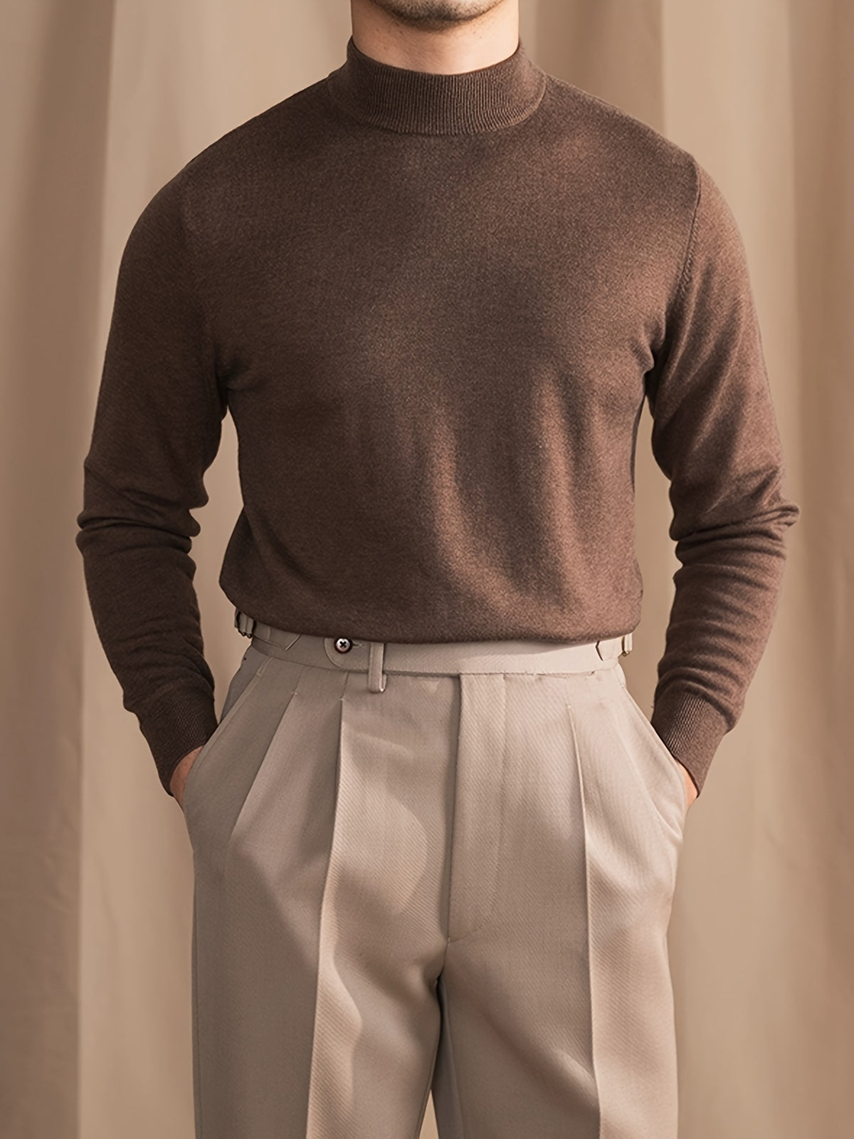 Suéter de malha gola alta de cor sólida masculina outono e inverno