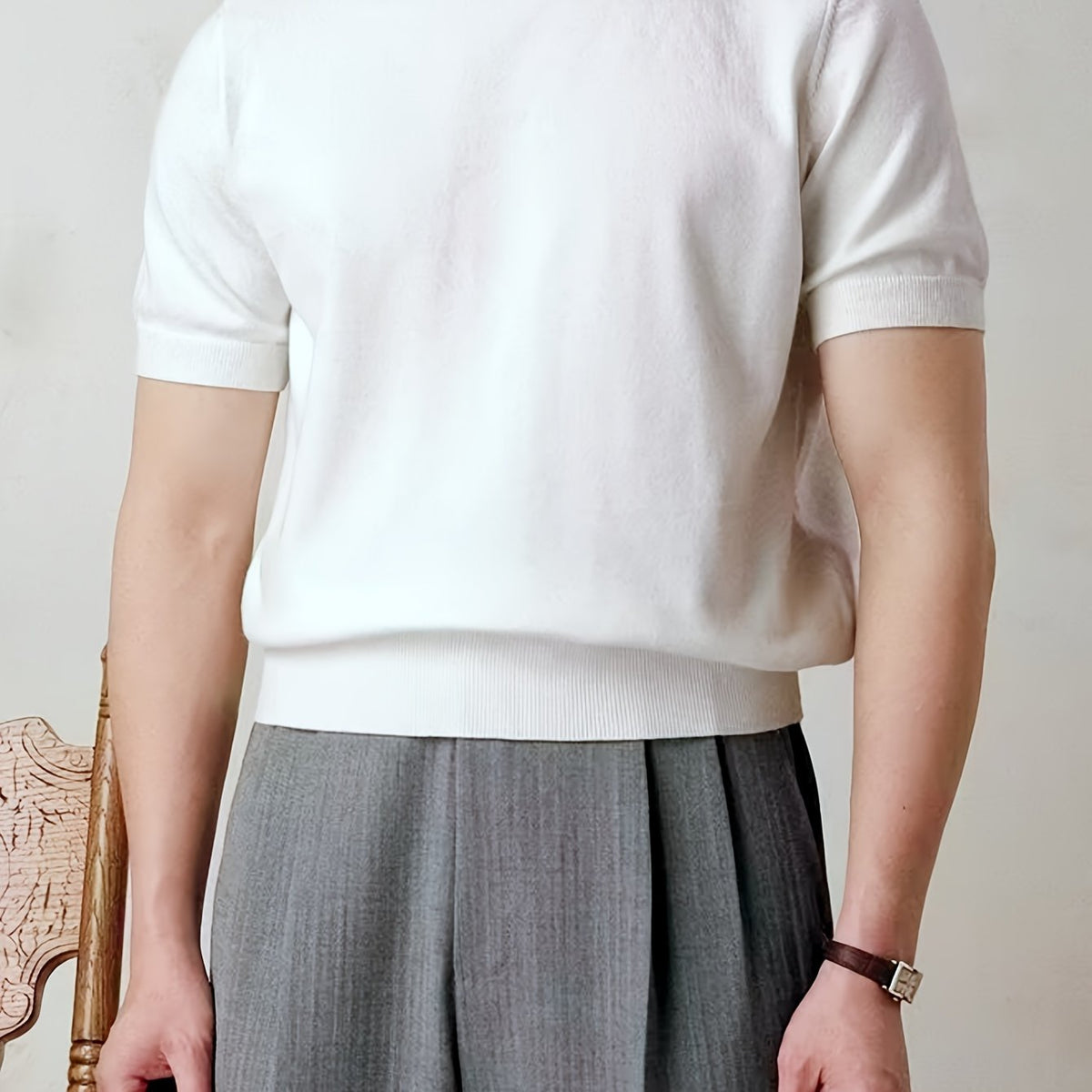 Camiseta de malha casual masculina de manga curta - ajuste folgado, gola redonda
