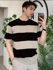 Camisa masculina de manga curta, leve, listrada e com blocos de cores