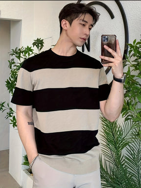 Camisa masculina de manga curta, leve, listrada e com blocos de cores