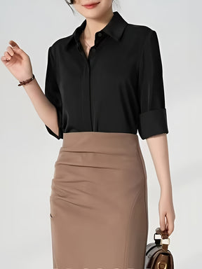 Camisa de botão frontal ,elegante de lapela de  manga comprida