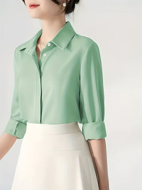 Camisa de botão frontal ,elegante de lapela de  manga comprida