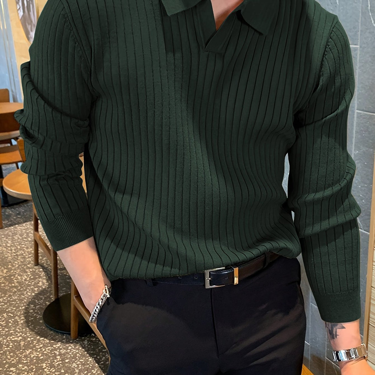 Camisa de malha suéter masculino casual com lapela e decote em V