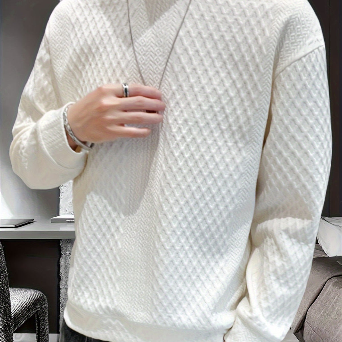 Camisa de malha casual masculino - manga comprida, gola redonda, texturizado
