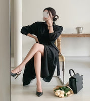 Look Elegância Atemporal – Vestido Midi com Cinto e Gola de Lapela