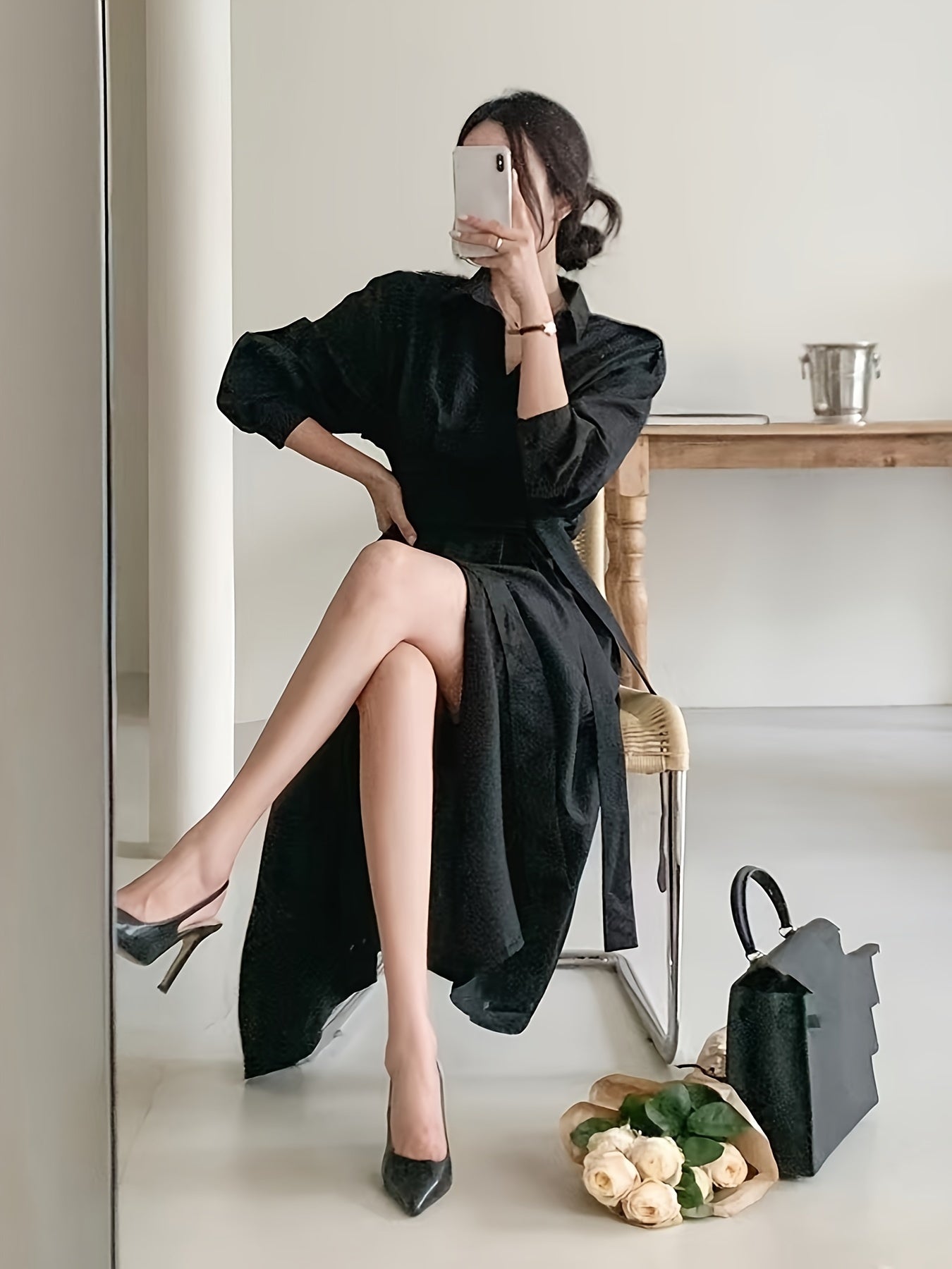 Vestido midi elegante, vestido de poliéster com lapela e gola justa e cinto para primavera