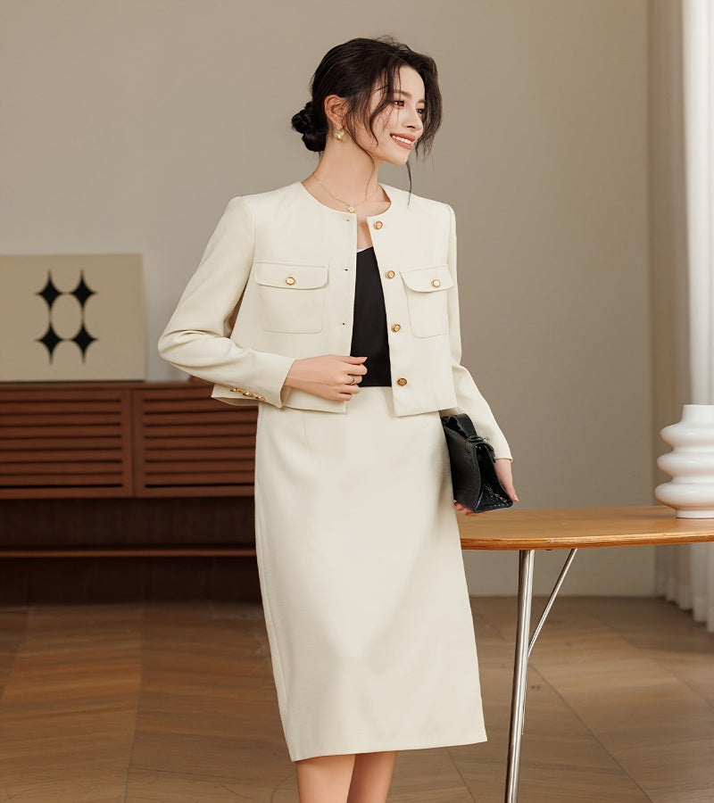 Conjunto Feminino Casaco Curto e Saia de Cintura Alta – Elegância e Sofisticação para Todas as Ocasiões