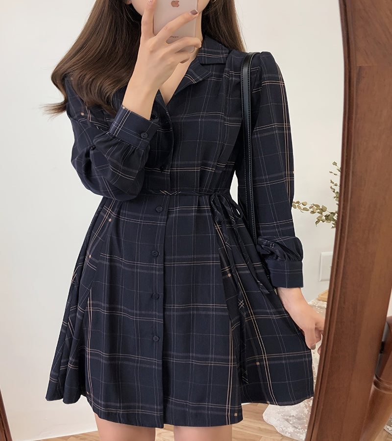 Vestido feminino com gola polo xadrez e cinto, casual, manga comprida, tecido de poliéster