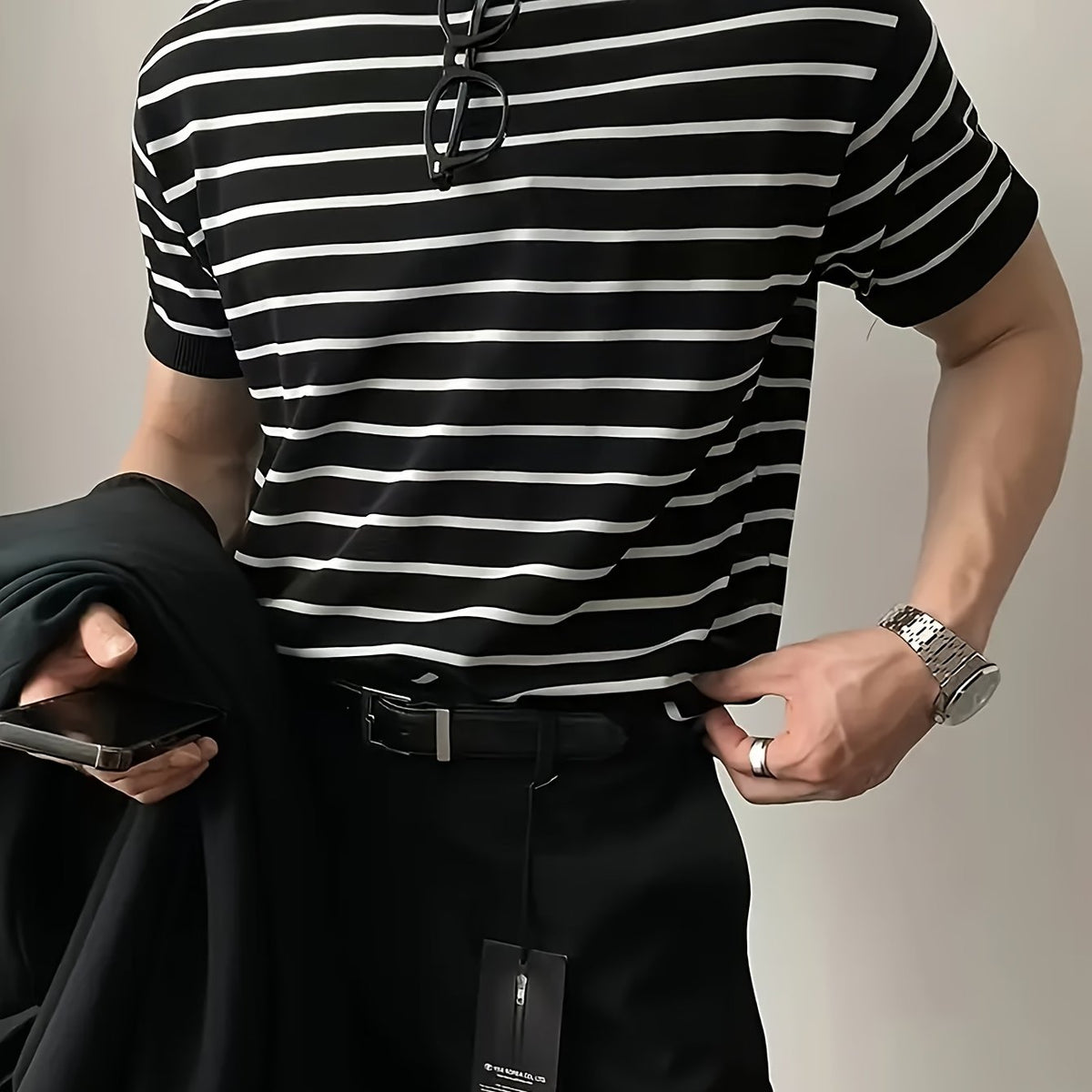 Camisa de malha listrada, manga curta Cross-Border